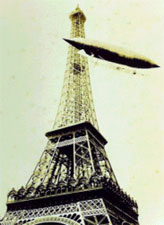 Santos-Dumont going around the Eiffel Tower with its No. 6 Dirigible on 19 October 1901. source: Museu Aeroespacial, Rio de Janeiro